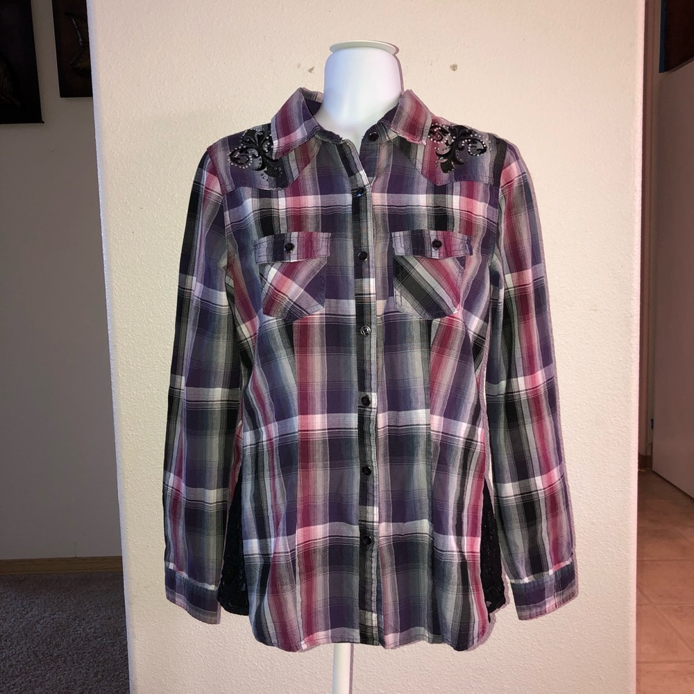 Unbranded rhinestone plaid long sleeve shirt